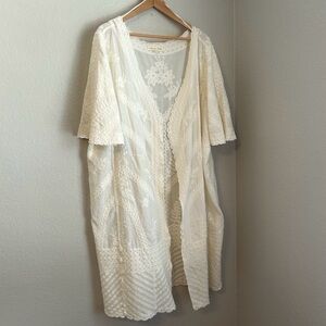 NWT, Cactus+Pearl Womens Embroidered Open Front Duster Kimono in Ivory, Size XXL